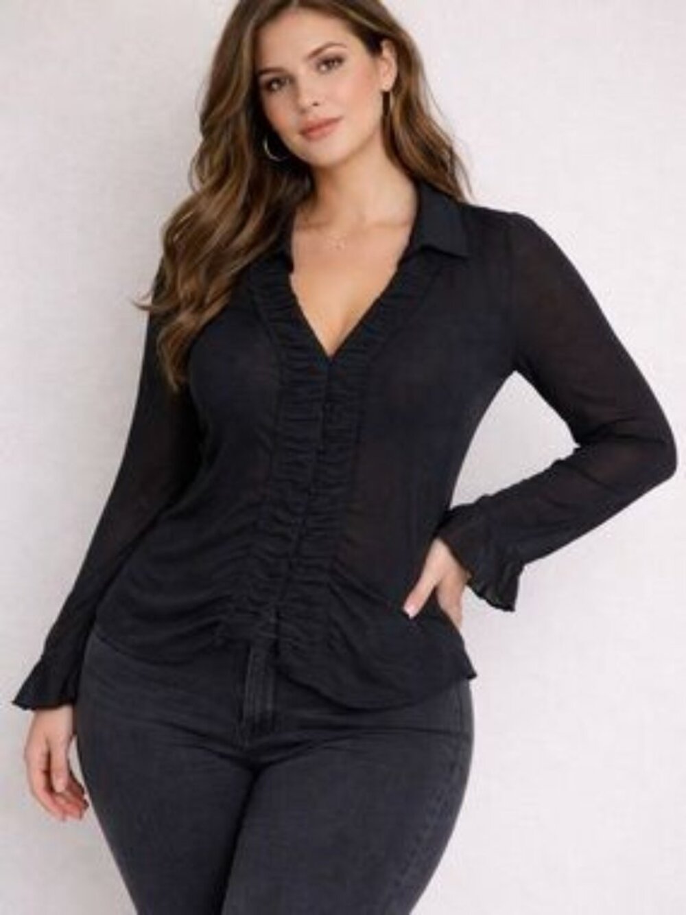 Anthropologie Black Ruffle-Front Button Down Blouse
